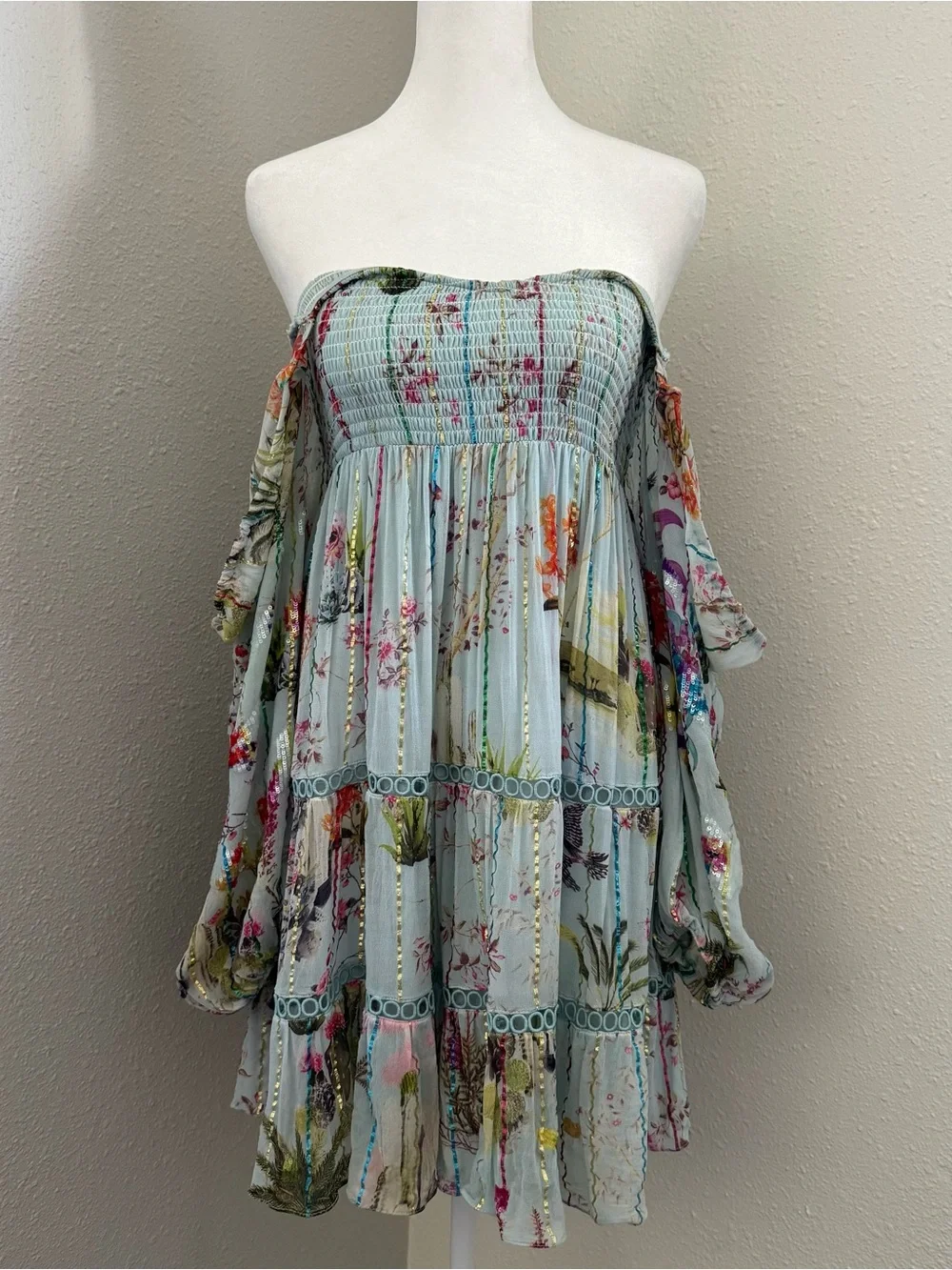 Anthropologie Hemant & Nandita Floral Sequin Off Shoulder Mini Dress XS Boho